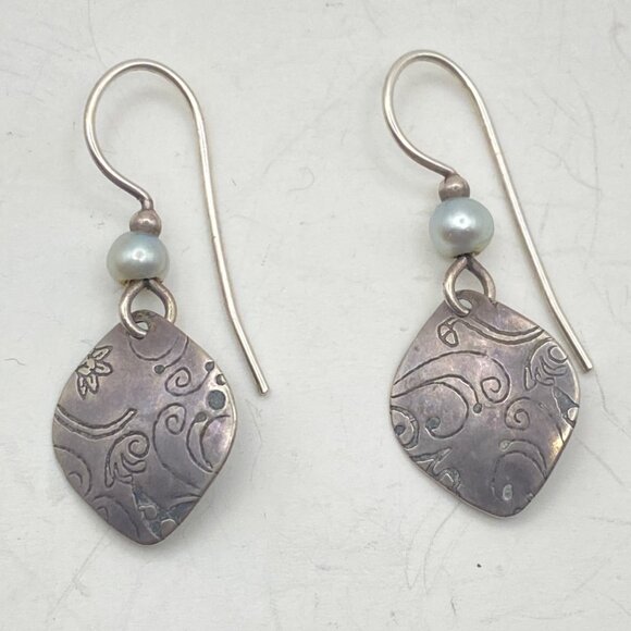Handmade Jewelry - Tested Sterling Silver Earrings Freshwater Pearl Engraved Floral Boho Vtg Dangle